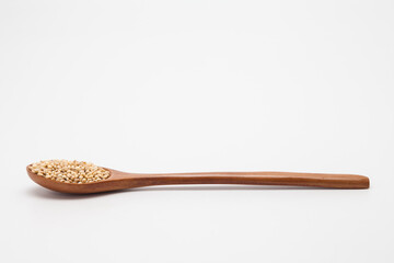 Wooden spoon with brown rice unpolished rice