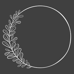 White circle leaves frame with dark background. Hand-drawn flower border . - 392266662