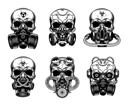 Skulls in respirator vector illustrations set. Head of skeleton In various gas masks. Danger or biohazard concept for badges, emblems or tattoos templates