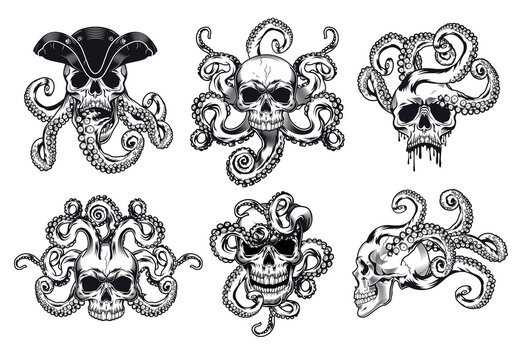 Head of skeleton with tentacles vector illustrations set. Octopus in pirate skull. Sea life or death concept for badges, emblems or tattoos templates