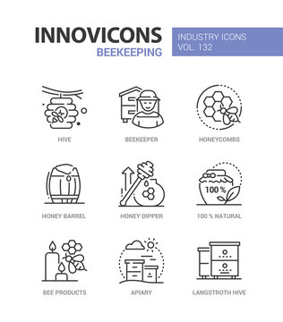 Beekeeping - modern colorful line design style icons