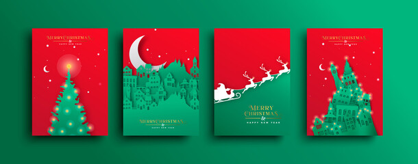 Christmas New Year papercut winter city card set