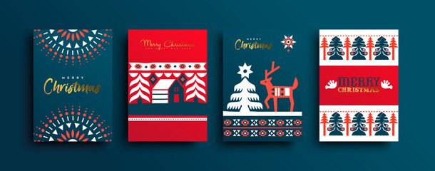 Christmas New Year folk deer geometric card set