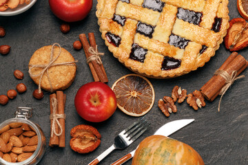 Berry tart pie on black table close up