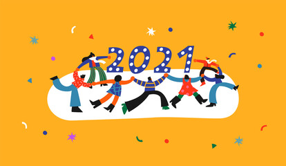 New Year 2021 people dancing cartoon concept