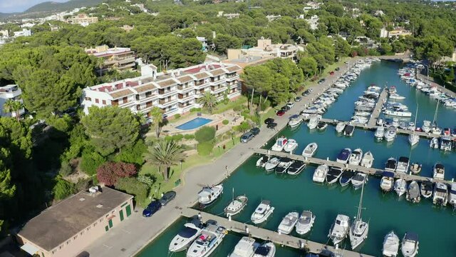 Aerial view, flight at marina of Santa Ponsa, Calvia region, Mallorca, Balearic Islands, Spain