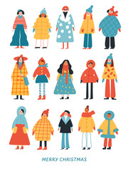 Merry Christmas poster with women in stylish clothes.