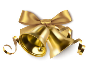 Decorative golden bow and bells  isolated on white background. Christmas and New Year decoration. Vector illustration