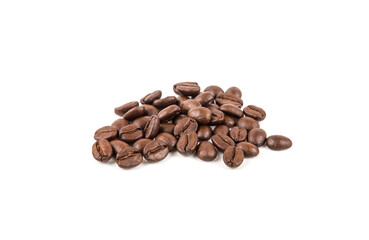 Pile of roasted coffee beans on white background.