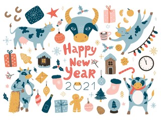 Vector Christmas set of characters and decorations. Hand drawn doodle cartoon elements. 2021 Happy New Year. Hand lettering calligraphic. Collection of different Bulls, symbol of the new year.