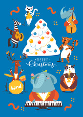 Christmas cartoon poster with cute jazz musicians characters.