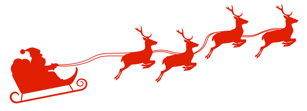 silhouette of Santa Claus in sleigh pulled by reindeer vector illustration
