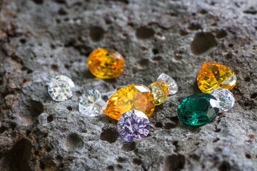 Natural Sapphire gemstone, Jewel or gems on black shine color, Collection of many natural gemstones on stone