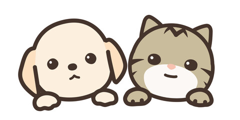 犬と猫　顔と手　べくターイラスト　背景白