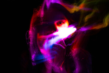 light painting portrait, new art direction, long exposure , light drawing at long exposure