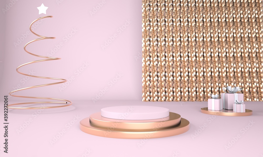 Poster christmas background with christmas tree and stage for product display. 3d rendering.