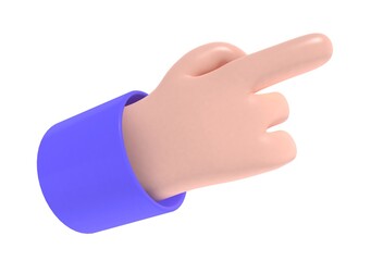 3D render, plastic cartoon caucasian hand with index finger. Indicating, showing something. Hand gesture.