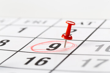 red buttons on the calendar. Concept idea for planning. An important date, business trip, or meeting reminder.