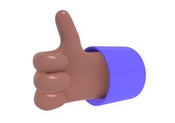 3D render, plastic cartoon afroamerican hand with thumbs up. Voting, approve, success. Hand gesture.