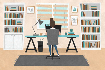 Young woman sitting at the table and working from home