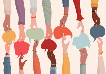 Agreement or affair between a group of colleagues or collaborators.Diversity People who exchange information.Arms and hands holding speech bubble.Concept of sharing and exchange.Community - obrazy, fototapety, plakaty