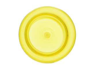 Empty medical bottle made of yellow plastic. Isolated on a white background, top view
