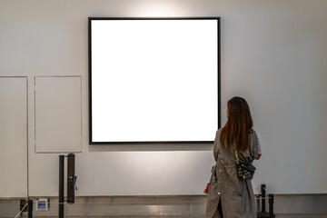 interior of gallery with blank frame - obrazy, fototapety, plakaty