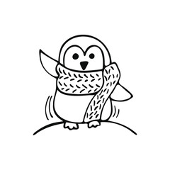Cute penguin in a  scarf hand-drawn. Penguin doodle isolated on white background. Vector illustration