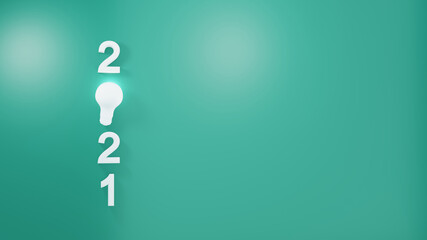 3D illustration. Light bulb with number 2021 plans and copy space on green background. Business plan and strategy concept with idea in year 2021	