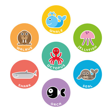 Sea and ocean animals collection. Set of 7 cartoon characters in the circle with name labels. Vector illustration
