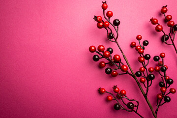 Christmas composition. Branches of red berries on pink background. Christmas, winter, new year concept. Flat lay, top view, copy space