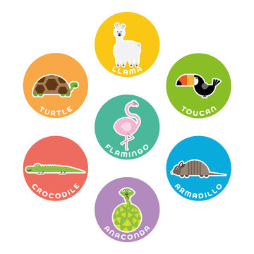 South American wild animals collection. Set of 7 cartoon characters in the circle with name labels. Vector illustration
