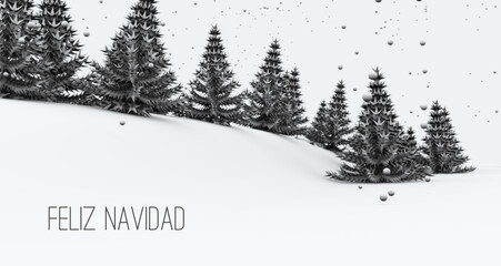 Ilustración de un paisaje de árboles estilo abeto en blanco y negro, con nieve y nevando. Mensaje español: feliz navidad