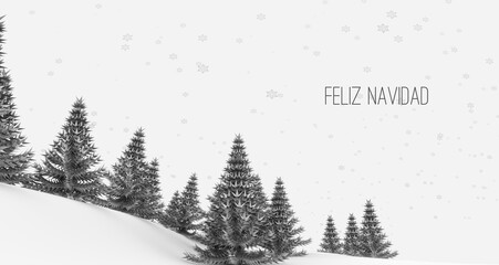 Fototapeta premium Ilustración de un paisaje de árboles estilo abeto en blanco y negro, con nieve y nevando. Mensaje español: feliz navidad
