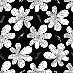 Floral seamless pattern. Contrasting flowers on a black background. Summer vector endless illustration.