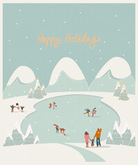 Web Vector illustration of a Christmas winter holidays landscape postcard.Retro color of winter landscape of people skating activities at iced lake with kids, snowman.Concept of winter activities.