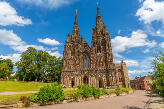 View of Lichfield Cathedral West facade from The Close, Lichfield, Staffordshire