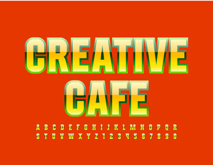 Vector modern emblem Creative Cafe. Bright glossy Font. Set of shiny Alphabet Letters and Numbers