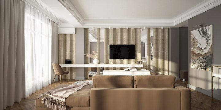 Modern living room contemporary interior design with tv unit. 3d render
