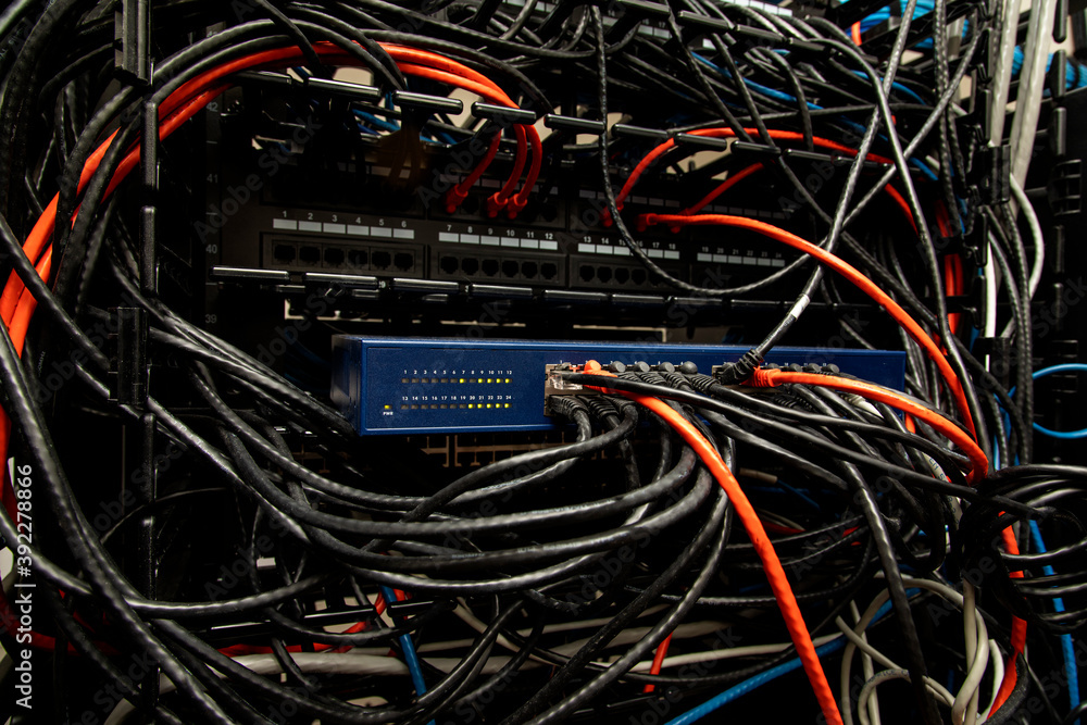 Wall mural network server with a massive amount of wires and ethernet cables