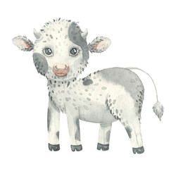 Watercolor illustration of a funny cartoon cow with black spots isolated on white background for new year