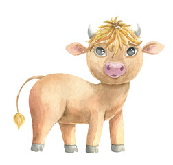 Watercolor illustration of a beautiful cute cartoon brown cow isolated on white background for new year