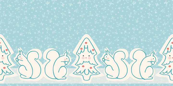 Seamless doodle cute kawaii christmas tree border. Vector hand drawn line art design with squirrel on snowy blue background. Food, packaging, gift wrap. Modern brush design. Perfect for your festive