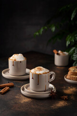 Hot winter cappuccino with cinnamon and caramel