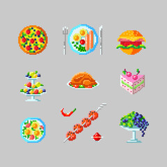 Set of different dishes in pixel art style.