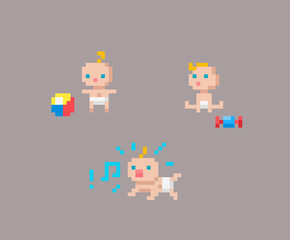 Pixel art baby icons. Cute little child on isolated background.
