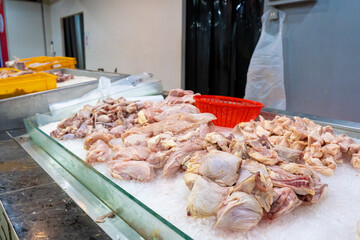 Meat department in a grocery store. Fresh meat and chicken