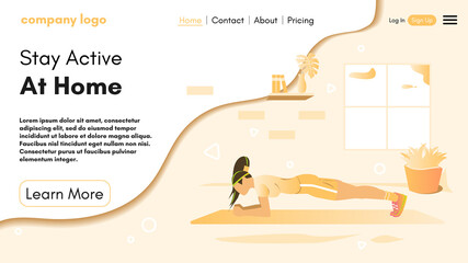 Sport Landing Page Layout. Online Personal Trainer and Fitness Coach. Black Woman doing Gymnastics. Fitness Website Homepage. Design for banner, flyer or brochure. Cartoon Flat Vector Illustration.