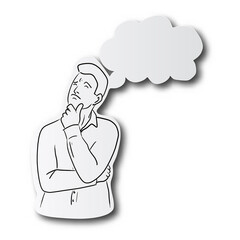 black line hand drawn of young man thinking on speech bubble cut paper with shadow isolated on white background