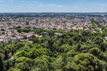 Panoramic view of Nimes. Nimes- prefecture of the Gard department in the Occitanie region of Southern France.